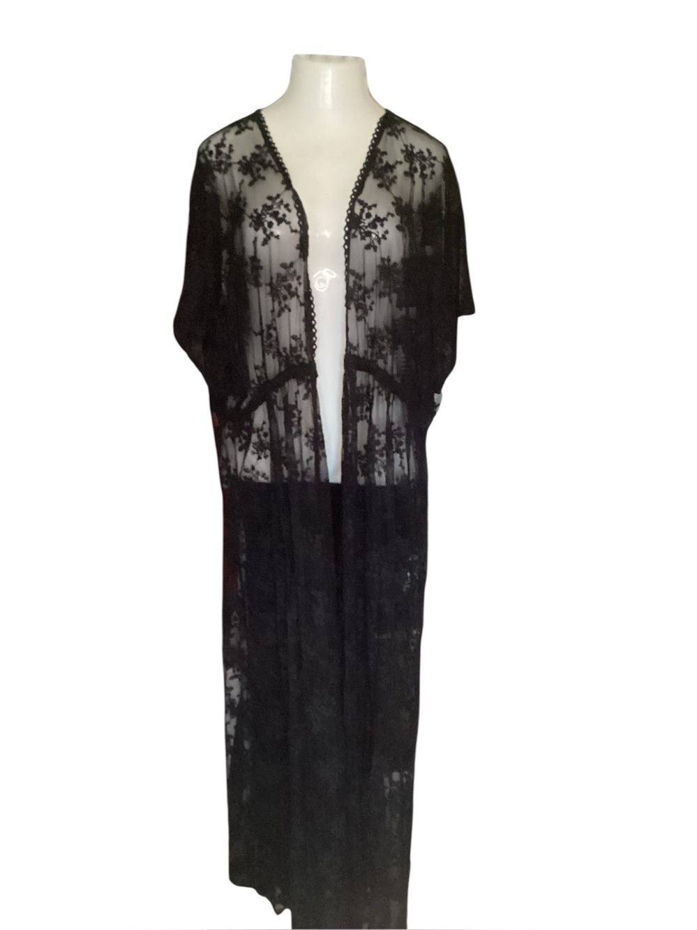 Sheer Black Lace Long Kimono Robe - Women Intimates & Sleepwear